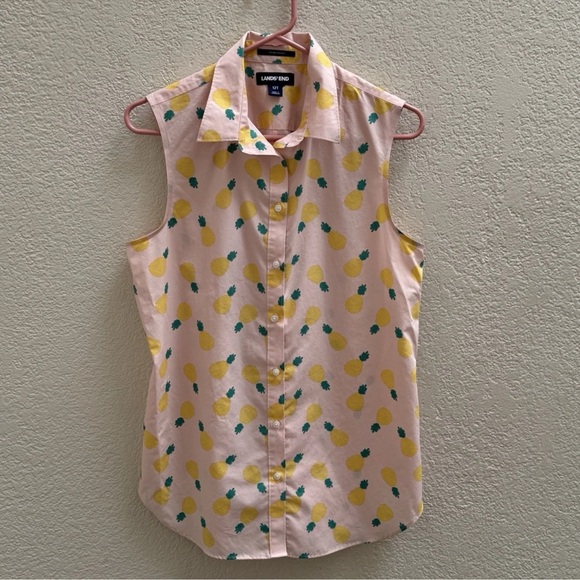 Lands' End Pink Pineapple Supima Cotton Sleeveless Button-Up Blouse SZ 12T NWOT - Picture 1 of 6